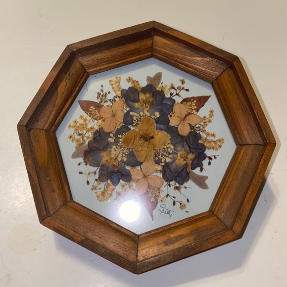 Unbranded Other - Vintage Dried Pressed Flowers Dark Wood Framed Blue Matted Wall Art